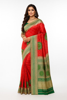 crazy hub Woven, Self Design, Temple Border Bandhani Silk Blend Saree(Red)
