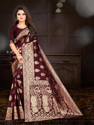 R K INFINITIVE Woven Kanjivaram Jacquard Saree(Maroon)