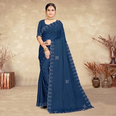 Meena Fashion Embellished, Embroidered Hand Batik Georgette Saree(Dark Blue)