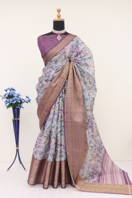 Rujula Trendz Floral Print, Digital Print Kota Doria Cotton Silk Saree(Purple)