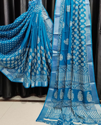 Suto Printed, Floral Print Bandhani Linen Saree(Light Blue)