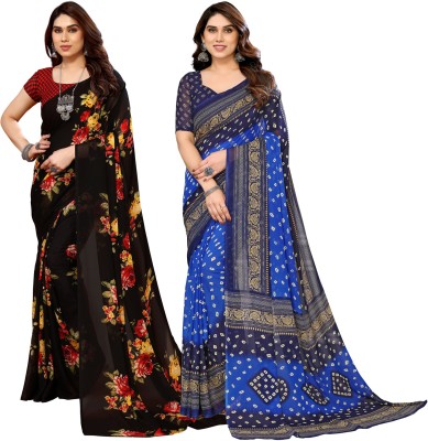 Anand Sarees Printed Daily Wear Georgette Saree(Pack of 2, Mustard, Dark Blue)