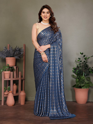 AMBUJAINTERNATIONAL Self Design Bollywood Lycra Blend Saree(Dark Blue)