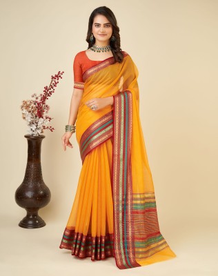 SIRIL Woven, Embellished, Striped, Self Design Kota Doria Silk Blend Saree(Mustard, Multicolor)