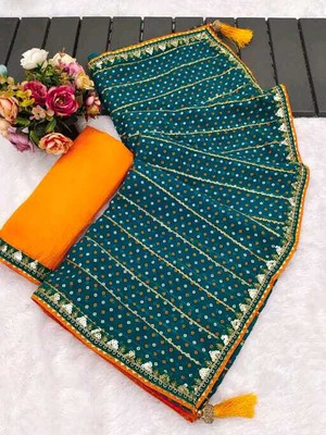 hb patel Striped, Tie-Dye, Embellished Leheria Georgette Saree(Blue)