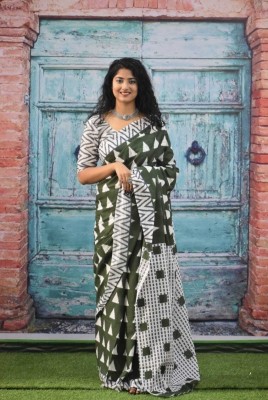 Shiv Clothing Printed Ikkat Cotton Jute Saree(Green)