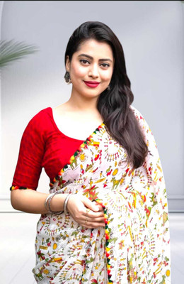 DAZLIO Printed Kalamkari Chiffon Saree(White)