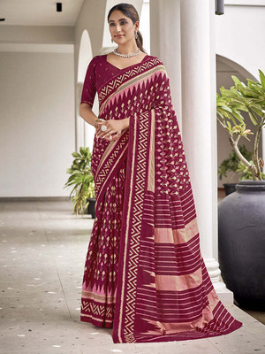 FASHION STROM Printed Bollywood Cotton Blend Saree(Maroon)