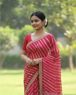 RIDDHI Printed Leheria Georgette, Chiffon Saree(Pink, Red)