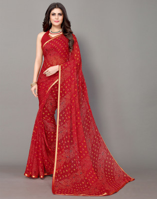 Samah Geometric Print, Printed, Embellished Bandhani Chiffon, Georgette Saree(Red, Gold)