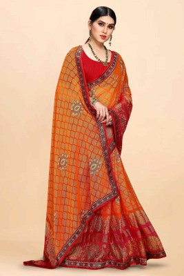 Sareeve Printed, Floral Print Bollywood Chiffon, Brasso Saree(Red, Orange)