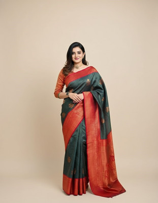 Bindi Checkered Banarasi Jacquard, Art Silk Saree(Red, Green)