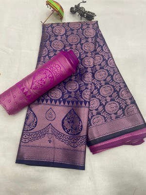 Gajal Woven Kanjivaram Pure Cotton, Cotton Silk Saree(Dark Blue, Pink)