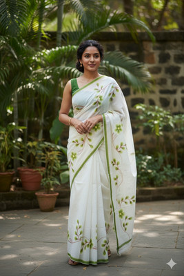 ABC Hand Painted, Printed Handloom Pure Cotton Saree(White, Yellow)