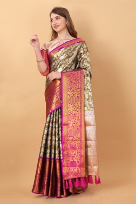 Niwaa Printed, Self Design, Embellished, Woven, Animal Print, Geometric Print Banarasi Jacquard, Tussar Silk Saree(Black)