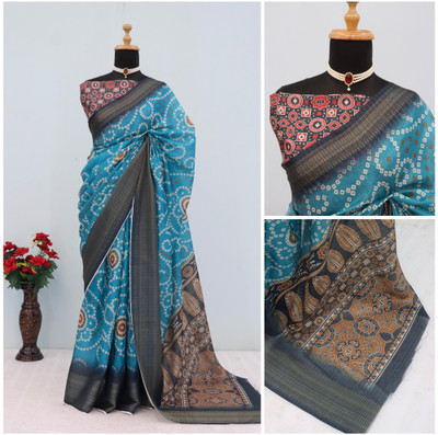 Febo Fashion Printed Banarasi Silk Blend Saree(Light Blue)