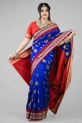 LYANNA Woven, Solid/Plain, Temple Border Sambalpuri Handloom Art Silk Saree(Blue, Red)
