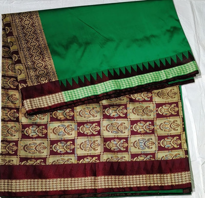 Cirkirow Temple Border, Solid/Plain Sambalpuri Handloom Art Silk Saree(Green)