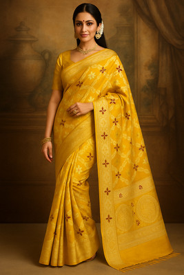 Tanishika creation Geometric Print Banarasi Cotton Linen Saree(Yellow)