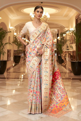 THRITI Woven Chanderi Cotton Blend Saree(Beige)