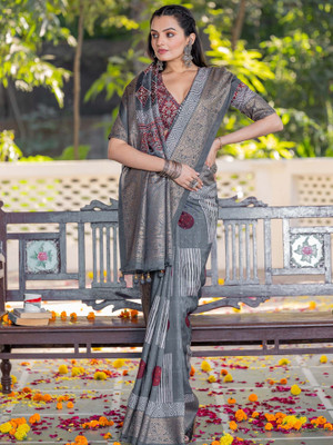 Sareemall Printed Chinnalapattu Viscose Rayon Saree(Grey)