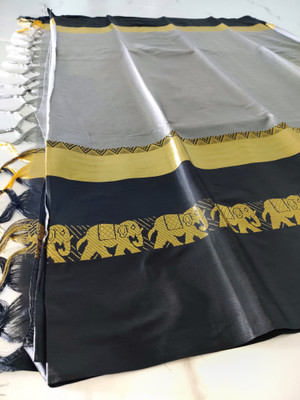 Mortal Textile Striped, Woven, Color Block Handloom Cotton Silk Saree(Dark Green)