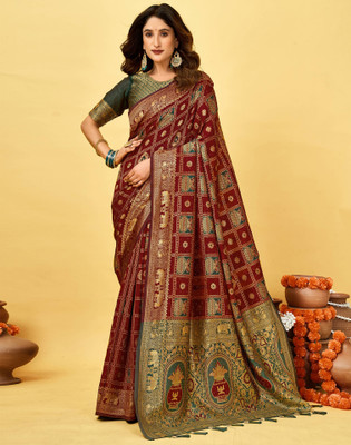 Satrani Woven, Embellished Banarasi Silk Blend Saree(Maroon)
