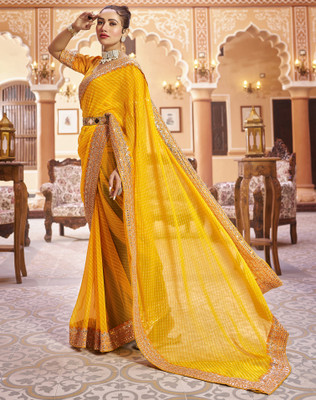 SIRIL Striped, Embellished Bandhani Georgette Saree(Yellow)