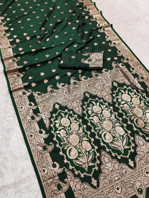 KRIYANSH Printed Banarasi Cotton Blend Saree(Dark Green)