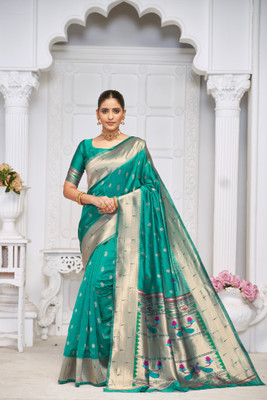 HouseOfCommon Woven Paithani Pure Silk Saree(Light Green)