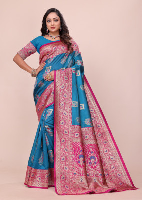 FashionZonee Embellished, Woven Paithani Pure Silk Saree(Blue)
