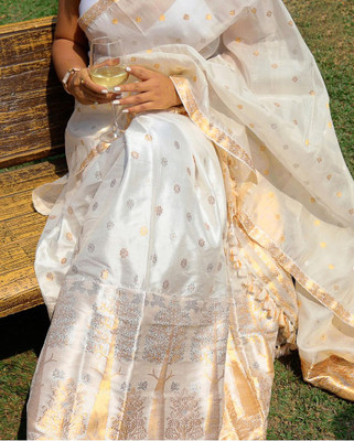 VEPEX Self Design Mekhela Chador Silk Blend Saree(White)
