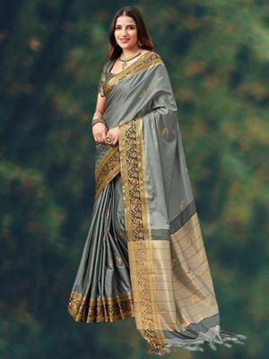 Paramparik Textile Woven, Solid/Plain Paithani Cotton Silk Saree(Grey)