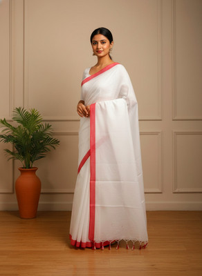BongAp Self Design Handloom Cotton Blend Saree(White)