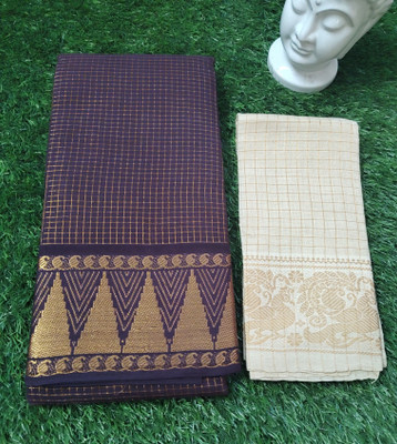 SUBHANKARA ENTERPRISES Checkered, Woven Madurai Pure Cotton Saree(Pack of 2, Brown, Beige)
