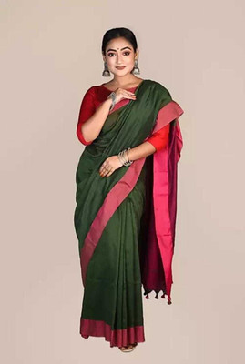 BRYNBRIT Self Design Handloom Pure Cotton Saree(Dark Green)
