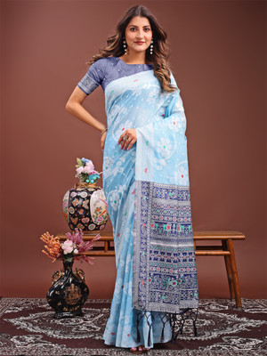 ASTITA Woven Saree with Attached Blouse Cotton Linen Saree(Light Blue)