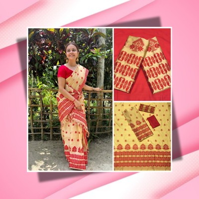 KHATI AXOMIYA Woven Mekhela Chador Polyester, Silk Blend Saree(Red)