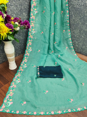 SHRIMORI Floral Print Bollywood Chanderi Saree(Light Blue)