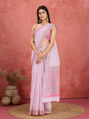 Jevi Prints Floral Print Daily Wear Pure Cotton Saree(Pink)
