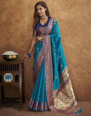 Satrani Woven, Embellished Paithani Silk Blend Saree(Blue, Multicolor)