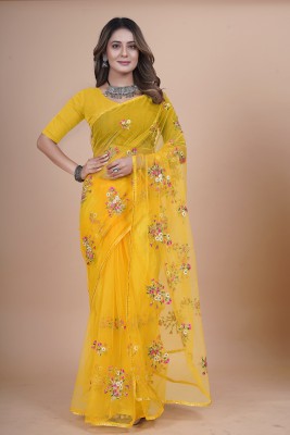 AVSAR TRENDZ Embroidered Bollywood Net Saree(Yellow)