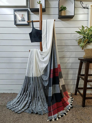 HouseOfCommon Solid/Plain Handloom Cotton Blend Saree(Grey, White)