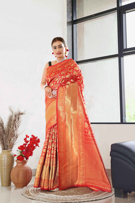 TriveniCreation Woven Banarasi Jacquard Saree(Orange)