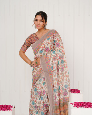 SHRIVAN FASHION Printed Bollywood Cotton Blend Saree(Cream, Brown)