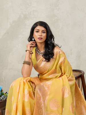 PRIMENIKS Woven Banarasi Cotton Silk Saree(Yellow)