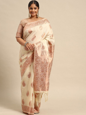 Sztori Woven, Self Design Banarasi Cotton Linen Saree(Beige)