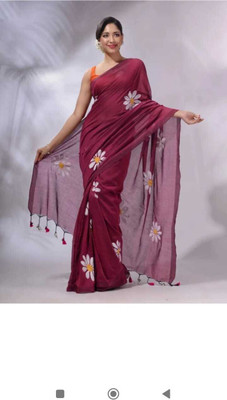SARATHITEXTILE Digital Print Handloom Cotton Blend Saree(Purple)
