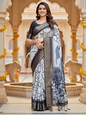 ZAMUNA Digital Print, Floral Print, Woven, Animal Print Banarasi Tussar Silk, Linen Saree(White, Grey)