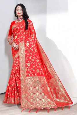 Pikham Self Design Banarasi Art Silk Saree(Red)